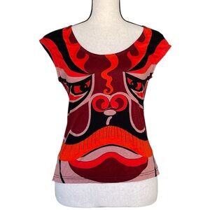 Rare Custo Barcelona Y2K Chinese Opera Mask Top | Graphic Euro Tee